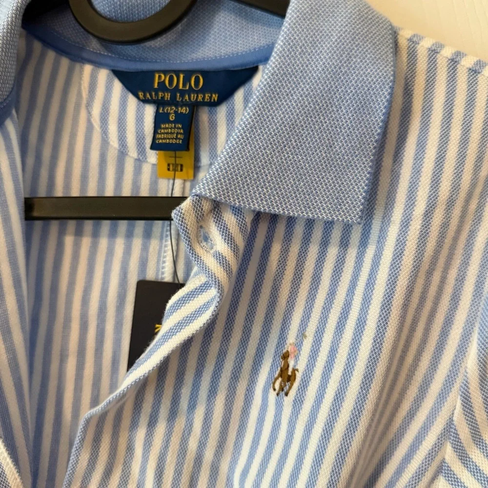 Ralph Lauren Blue and White Striped Polo Shirt Dress with Yellow Belt